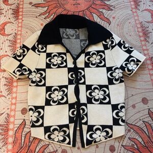 Retro Floral Checkered Cropped Sweater Button Shirt